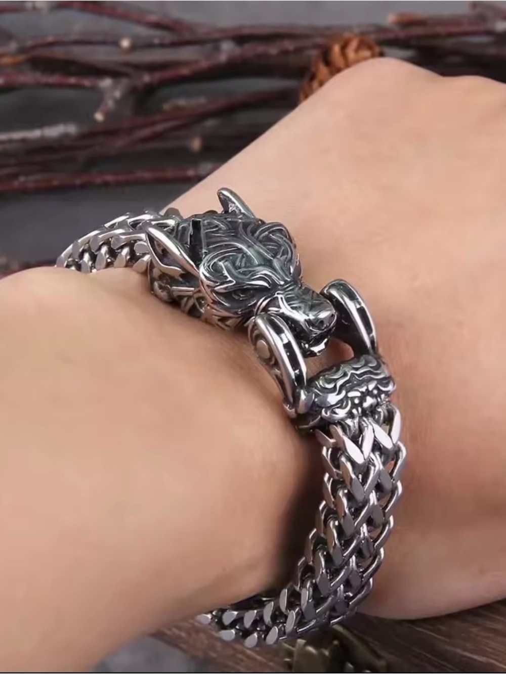 Sterling Silver Viking Wolf Bracelet - Braided Chain - Picture 9 of 11